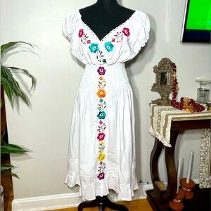 Embroidered White Maxi Dress with Colorful Floral Accents